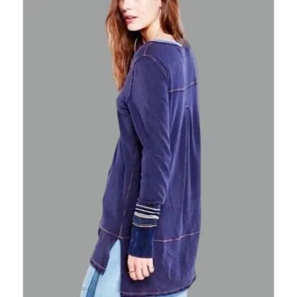 Free People Blue Slouchy Exposed Stitch Embellished Henley Top | Boho Grunge S - Picture 12 of 16